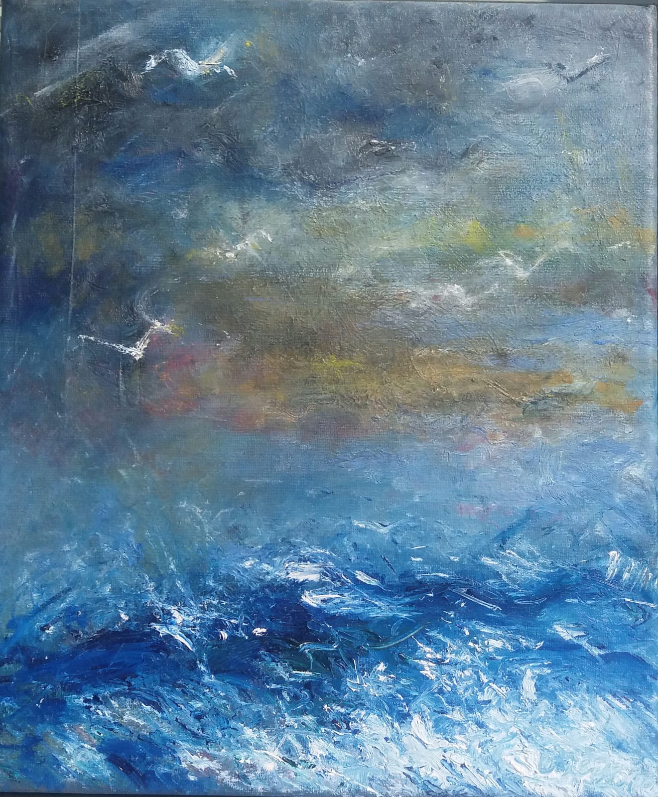 "bewegtes Meer", &Ouml;l/Leinwand, 25x29, 2019